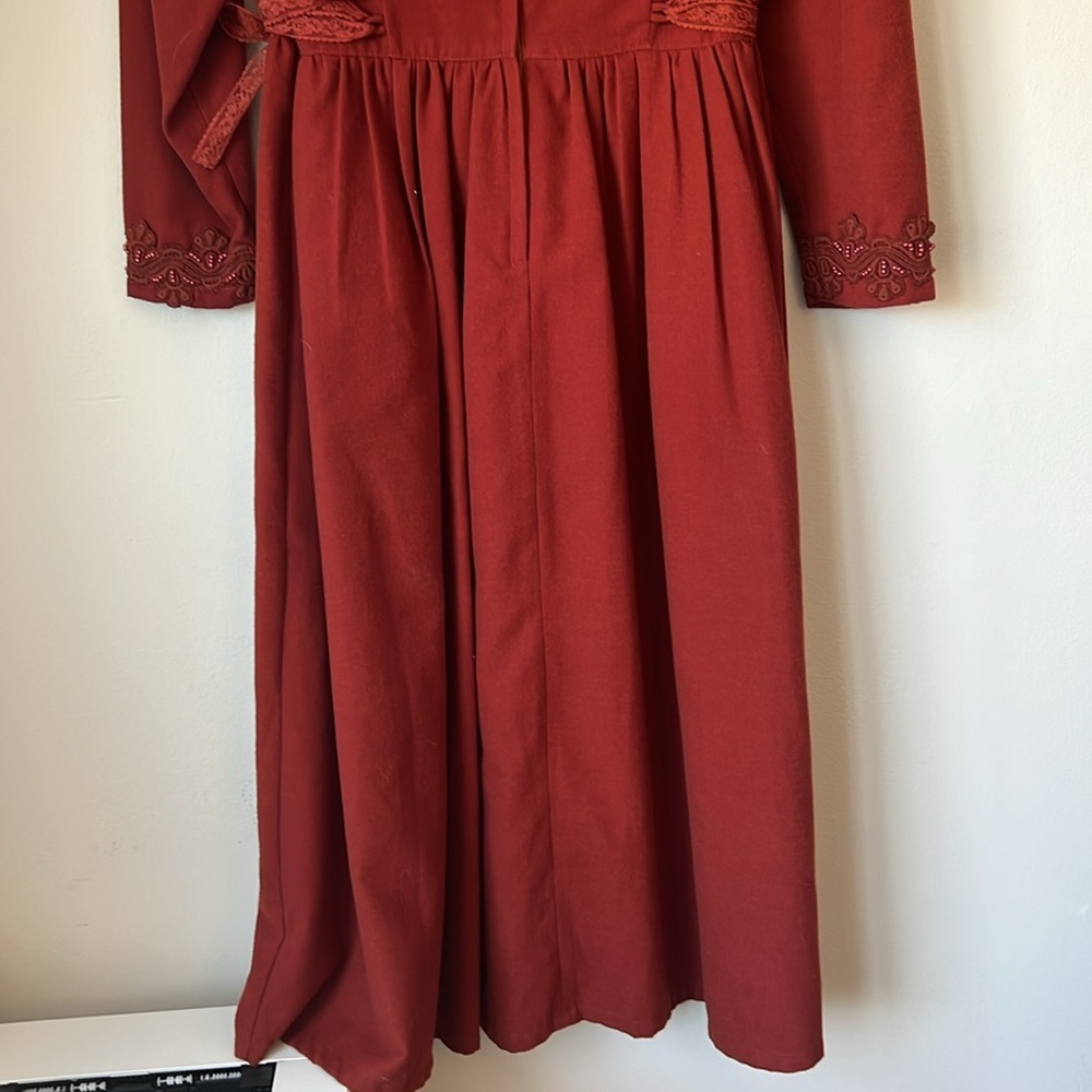 Vintage 1980's Bead Embroidered Wool Blend Midi Rust Orange Red Dress 2 - Picture 9 of 11